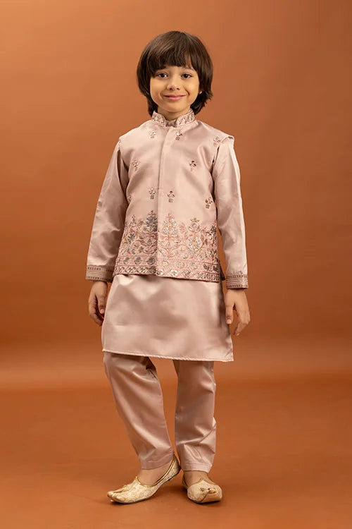 Wedding Special Peach Mirror Work Koti Kurta for Boys