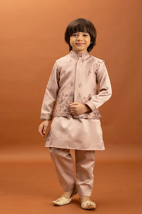 Wedding Special Peach Mirror Work Koti Kurta for Boys