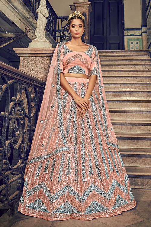 Peach Exclusive Sequins Embroidered Wholesale Lehenga Choli