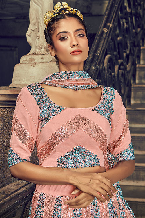 Peach Exclusive Sequins Embroidered Wholesale Lehenga Choli