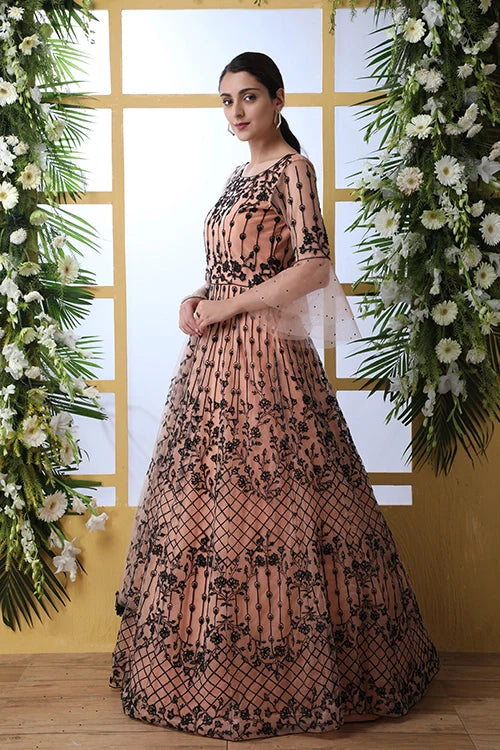 Peach Net Fabric Full Embroidered Stitched Anarkali Gown Collection