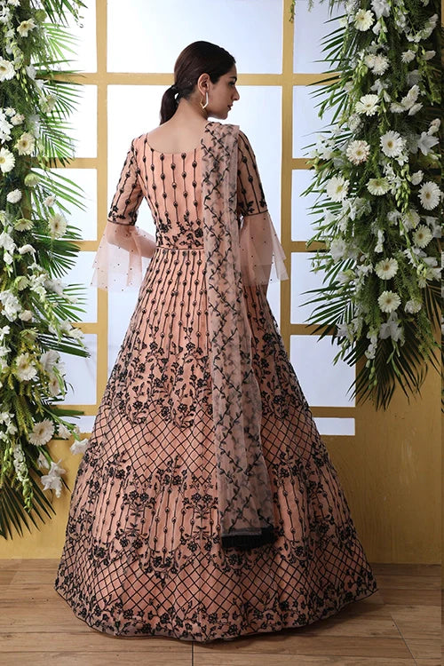 Peach Net Fabric Full Embroidered Stitched Anarkali Gown Collection