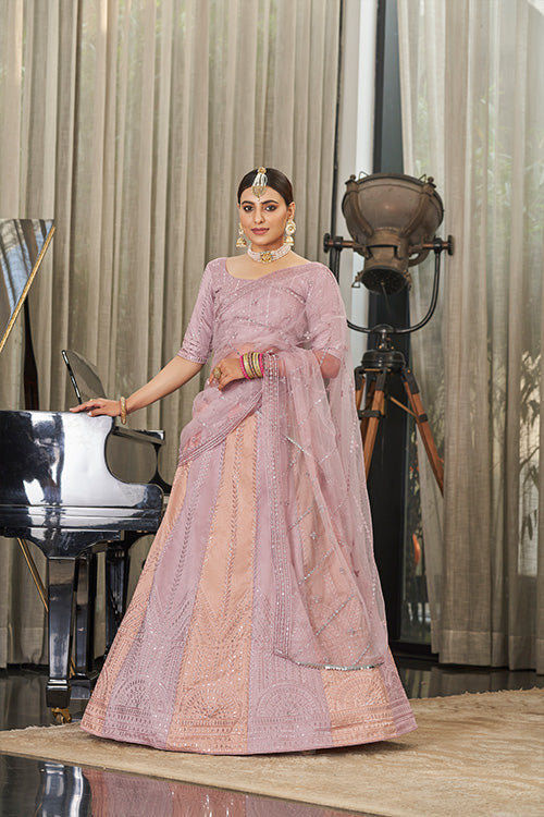 Peach Multi Color Thread With Sequince Embroidered  Lehenga Choli