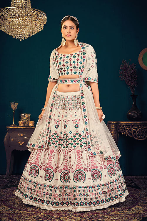 Pearl White Georgette Wedding Wear Bridal Lehenga Choli Set