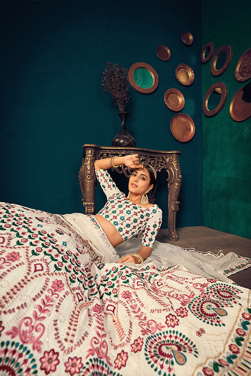 Pearl White Georgette Wedding Wear Bridal Lehenga Choli Set