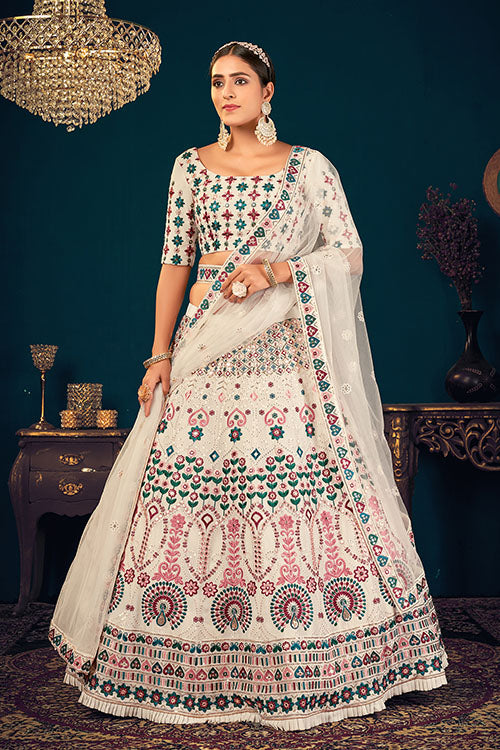 Pearl White Georgette Wedding Wear Bridal Lehenga Choli Set