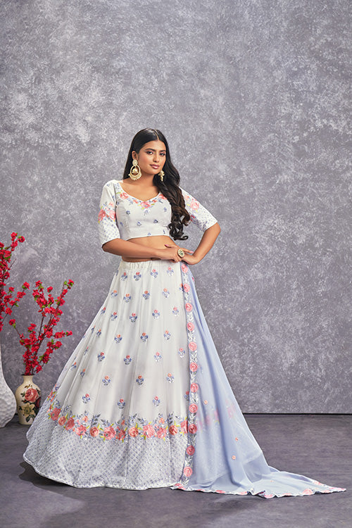 Pearl White Georgette Sequins Embroidery Work Lehenga Choli