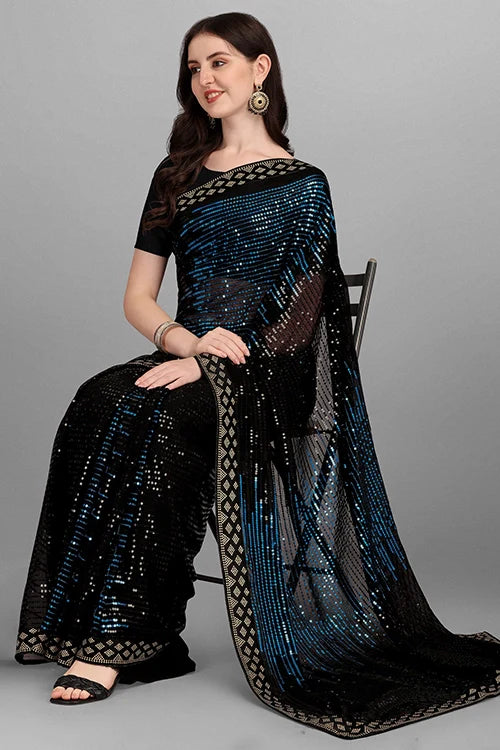 Designer Petrol Georgette Saree with Sequence Work