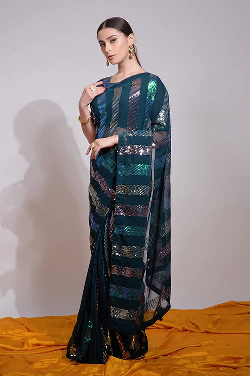 Petrol Georgette Saree with Embroidery