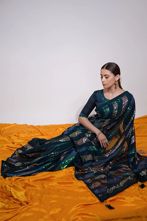 Petrol Georgette Saree with Embroidery