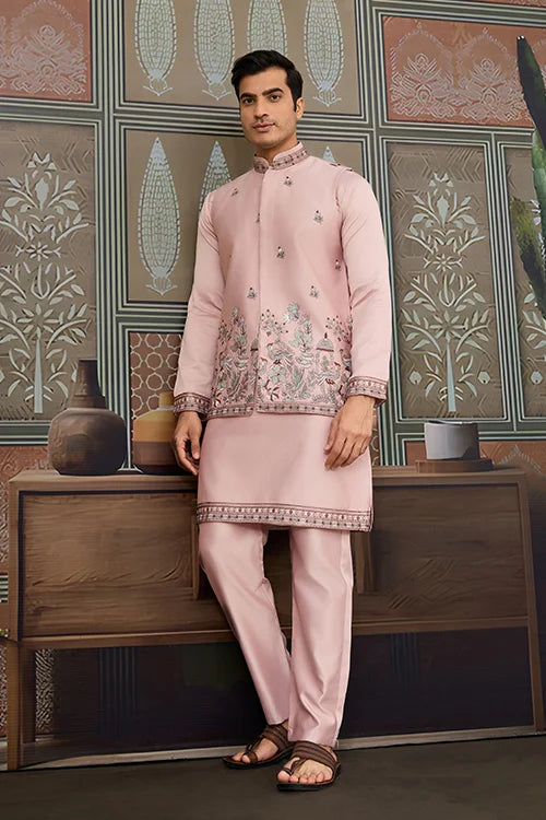 Pink Unique Color Embroidered Koti Kurta Pajama for Mens