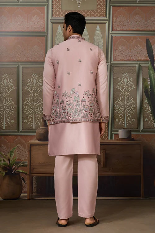 Pink Unique Color Embroidered Koti Kurta Pajama for Mens
