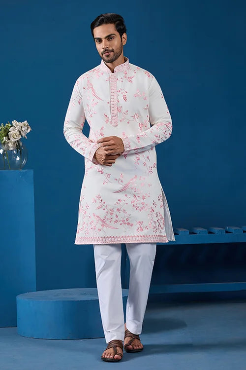 Classic White Viscose Silk Festive Kurta for Mens