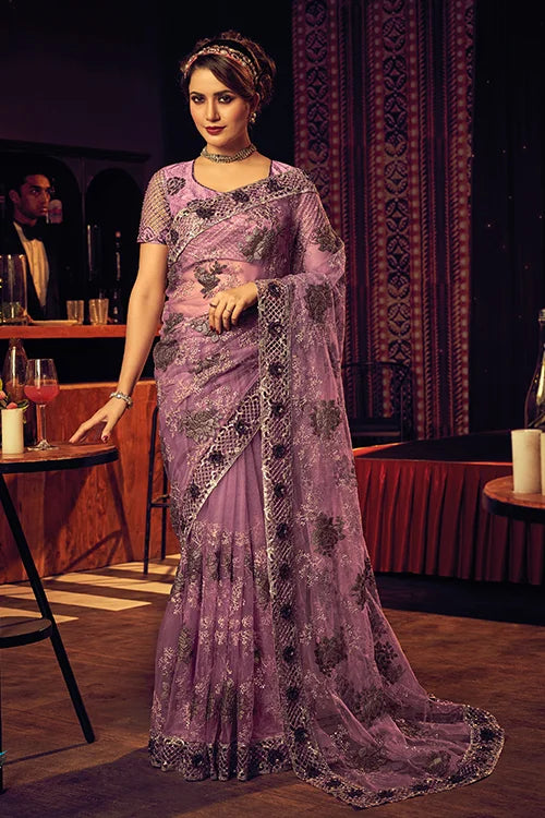 Pink Zari Work Digital Net Party Wear Saree With Blouse