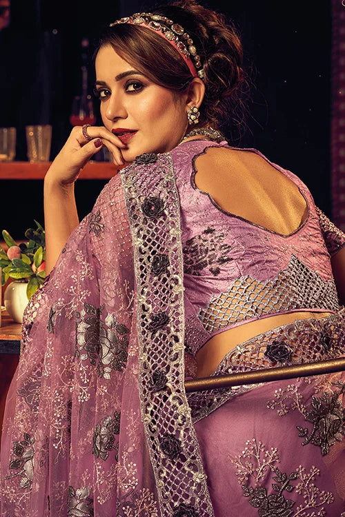 Pink Zari Work Digital Net Party Wear Saree With Blouse