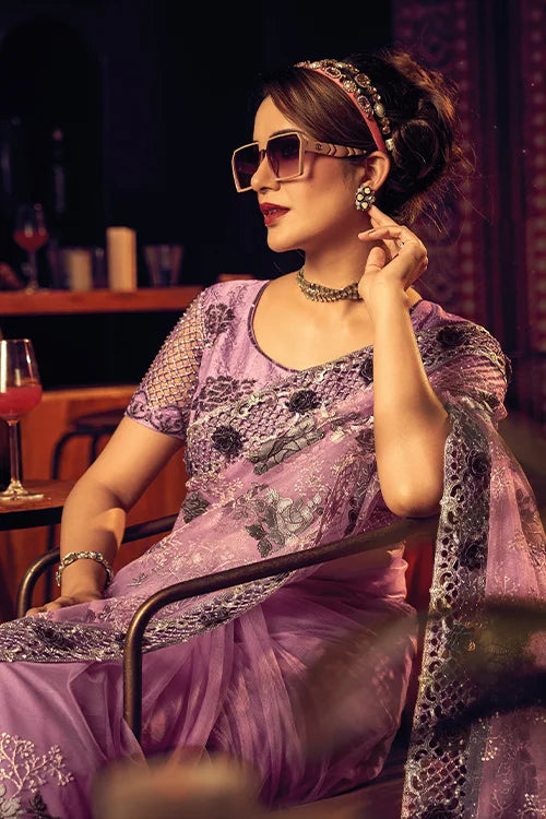 Pink Zari Work Digital Net Party Wear Saree With Blouse