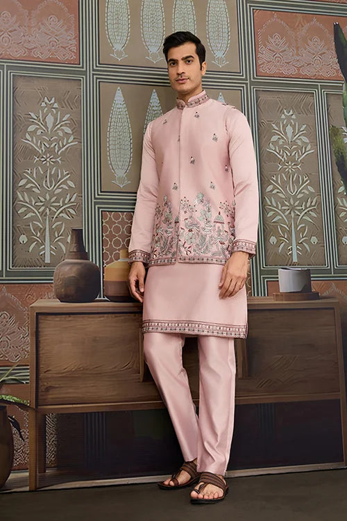 Pink Unique Color Embroidered Koti Kurta Pajama for Mens