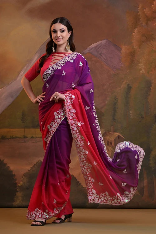 Beautiful C Pallu Pink Georgette Party Saree Online