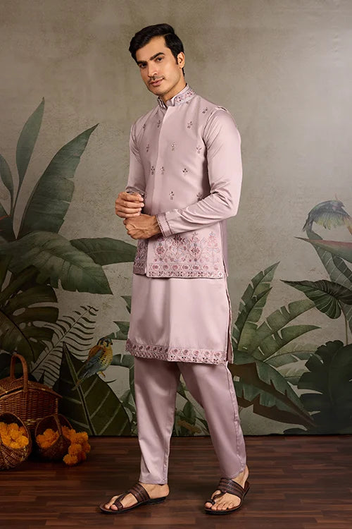 Boutique Style Unique Light Pink Kurta Koti Set for Men