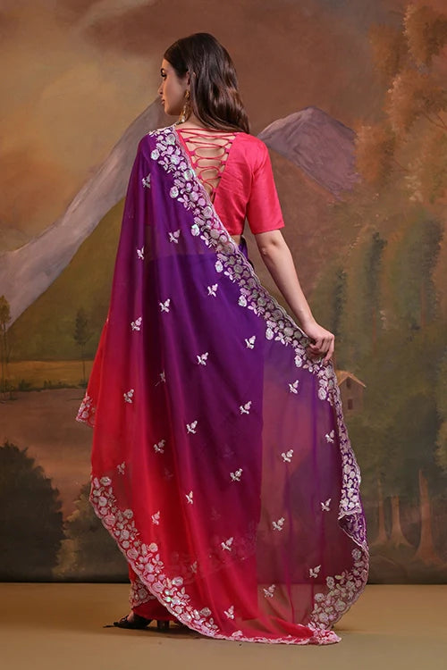 Beautiful C Pallu Pink Georgette Party Saree Online