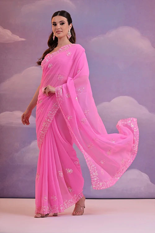Designer Pink Soft Georgette Saree with Sequins Work