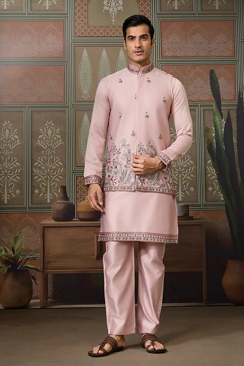 Pink Unique Color Embroidered Koti Kurta Pajama for Mens