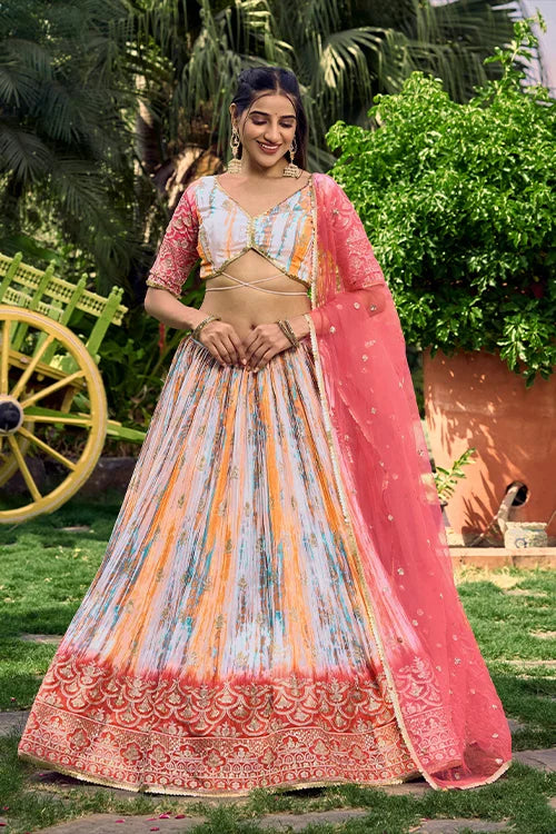 Pink Chinon Zari & Sequins Embroidered With Digital Print Work Lehenga Choli