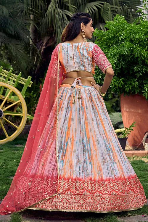 Pink Chinon Zari & Sequins Embroidered With Digital Print Work Lehenga Choli