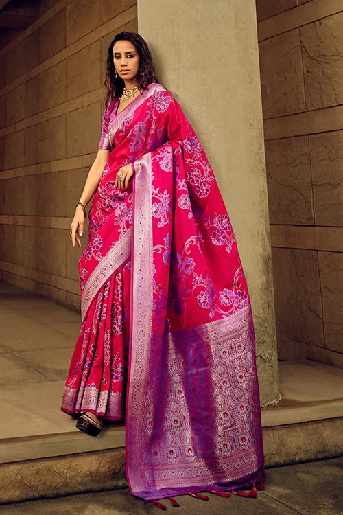 Pink Color Exclusive Satin Brasoo Handwoven Silk Luxury Saree
