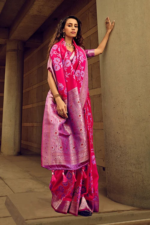 Pink Color Exclusive Satin Brasoo Handwoven Silk Luxury Saree