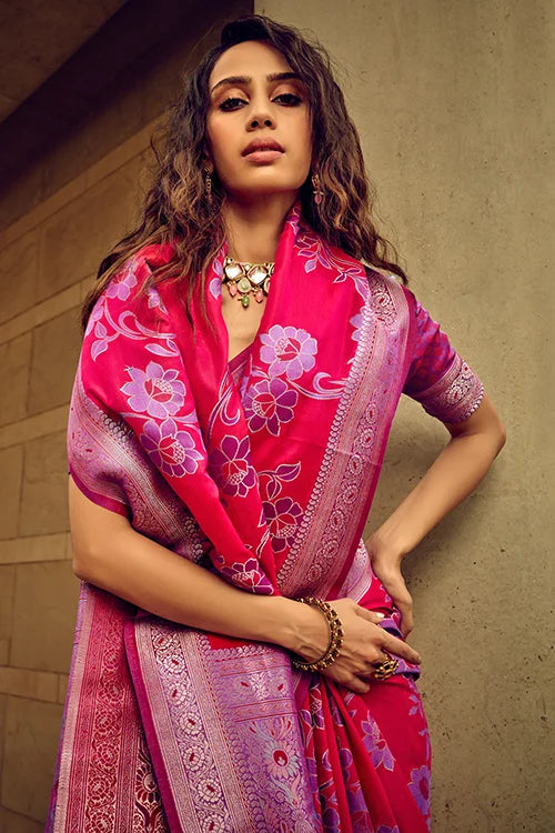 Pink Color Exclusive Satin Brasoo Handwoven Silk Luxury Saree