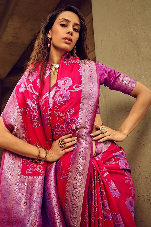 Pink Color Exclusive Satin Brasoo Handwoven Silk Luxury Saree