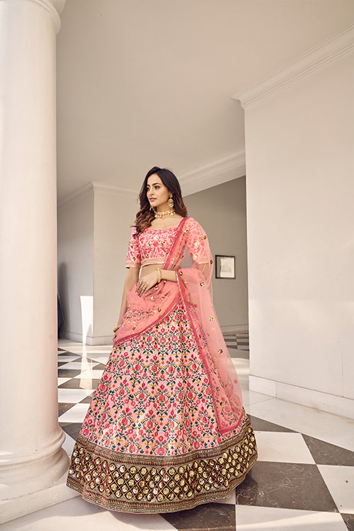 Pink Art Silk Thread With Sequince Embroidered Work Lehenga Choli
