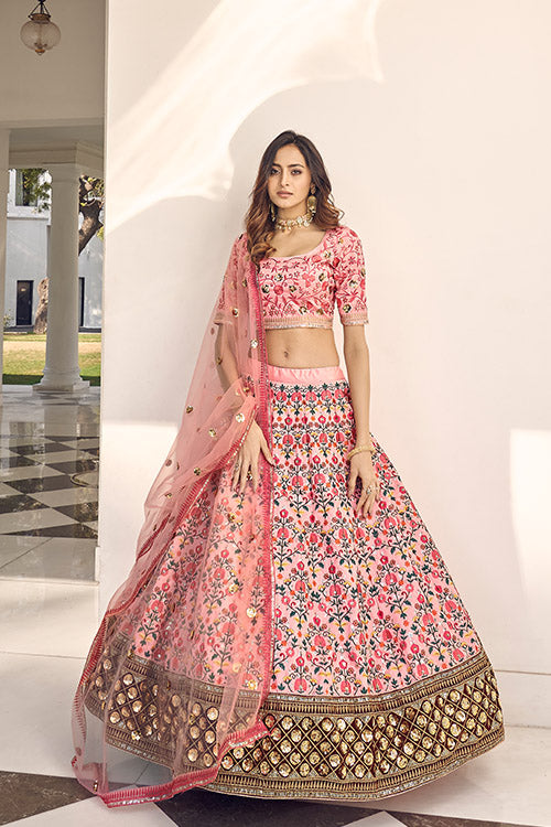 Pink Art Silk Thread With Sequince Embroidered Work Lehenga Choli