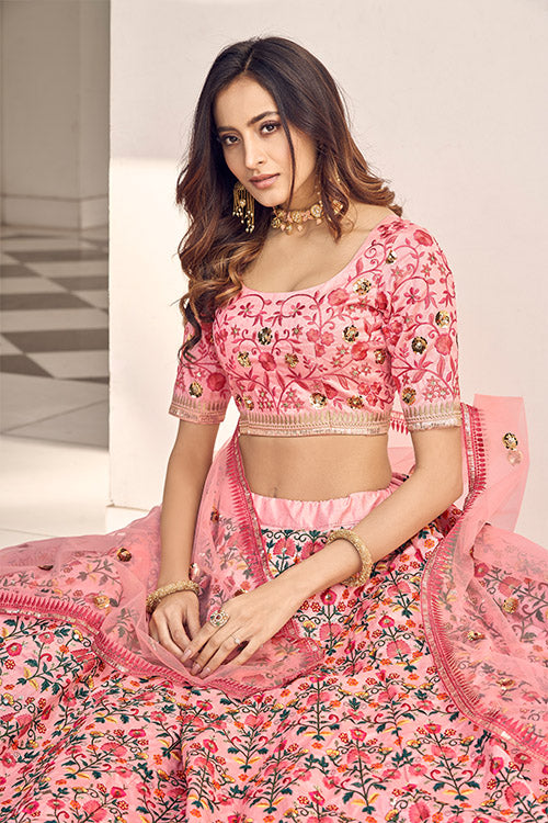 Pink Art Silk Thread With Sequince Embroidered Work Lehenga Choli