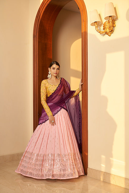 Pink Georgette Embellished Mukaish Work Bridal Lehenga Choli