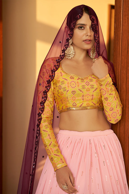 Pink Georgette Embellished Mukaish Work Bridal Lehenga Choli