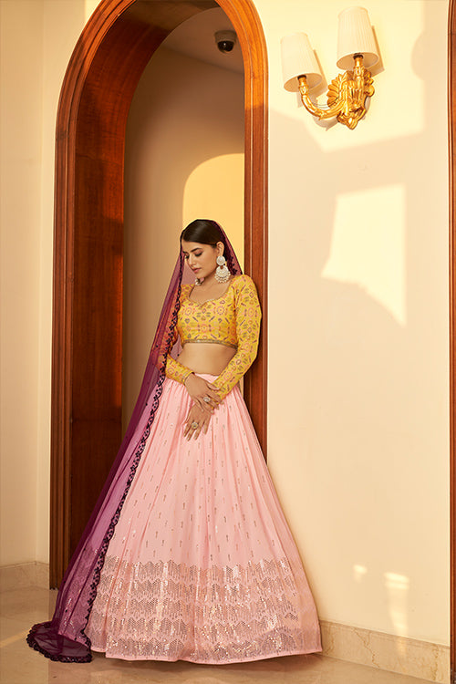 Pink Georgette Embellished Mukaish Work Bridal Lehenga Choli