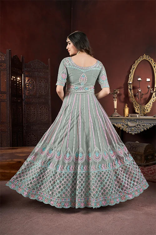 Pista Color Net Fabric Embroidered Zarkan Long Gown – Ready To Wear Collection