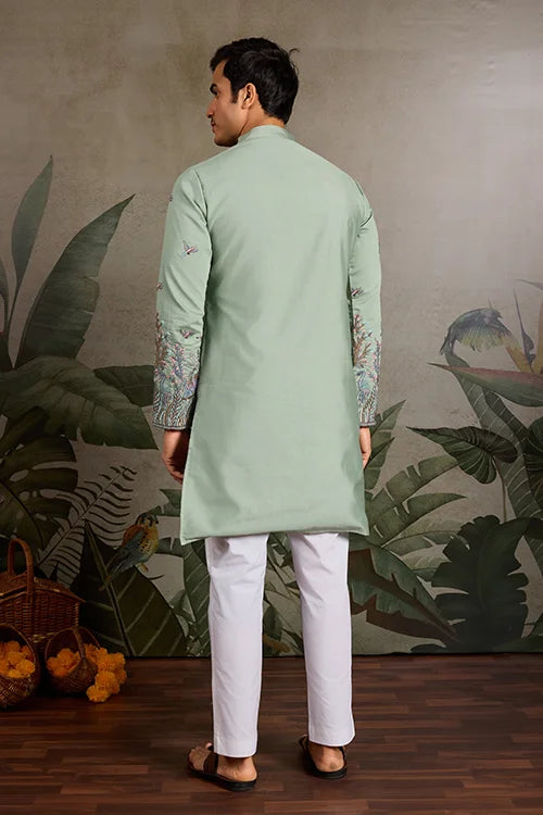 Embroidered Pista Green Wedding Kurta for Mens