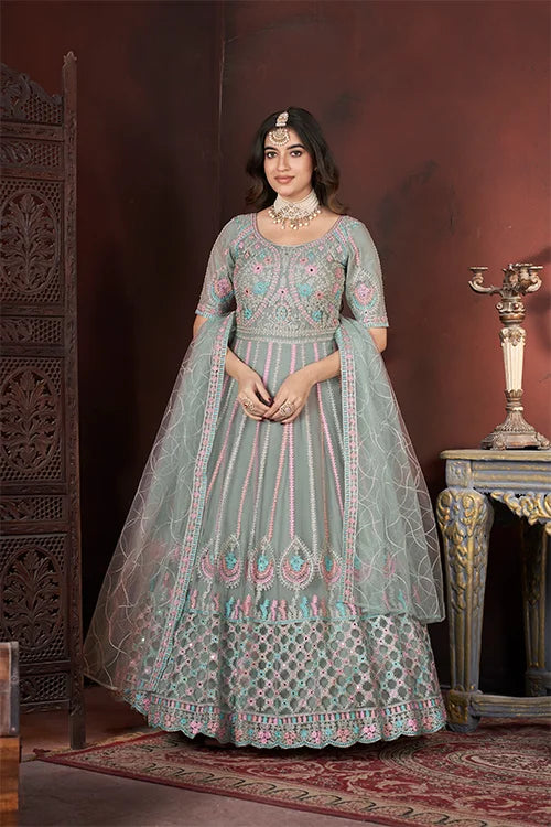 Pista Color Net Fabric Embroidered Zarkan Long Gown – Ready To Wear Collection