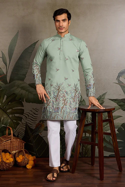 Embroidered Pista Green Wedding Kurta for Mens