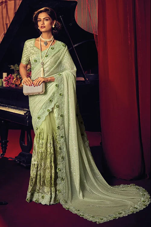 Pista Imported Digital Net Saree With Milan Silk Blouse