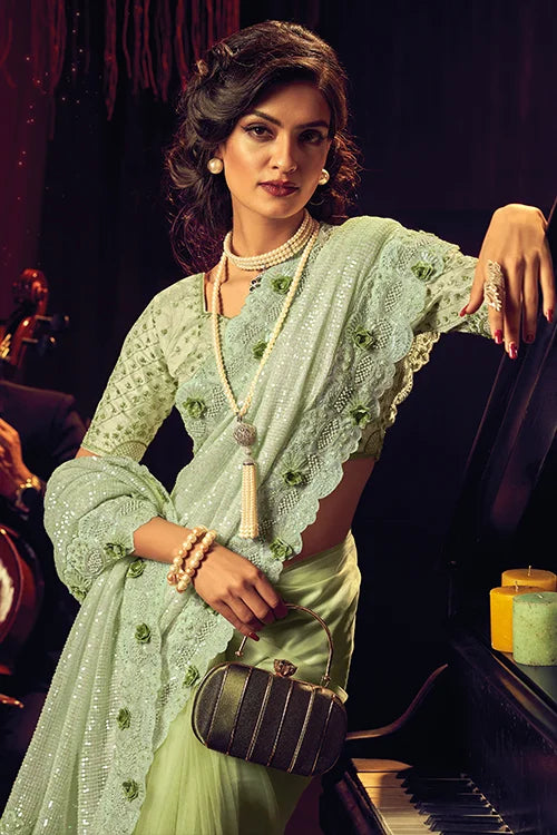 Pista Imported Digital Net Saree With Milan Silk Blouse