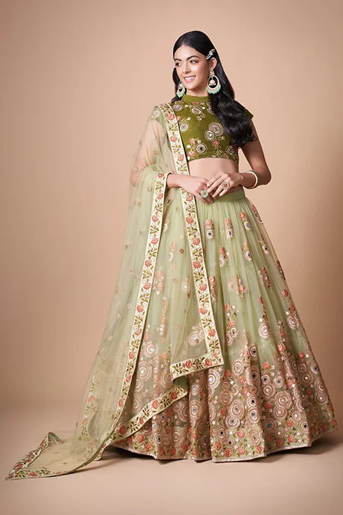 Pista Soft Net Thread  Sequins Embroidered With Mirror Work Lehenga Choli