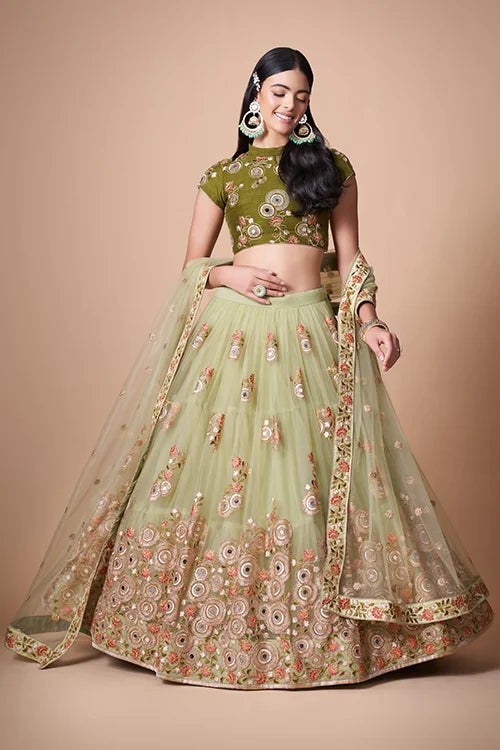 Pista Soft Net Thread  Sequins Embroidered With Mirror Work Lehenga Choli