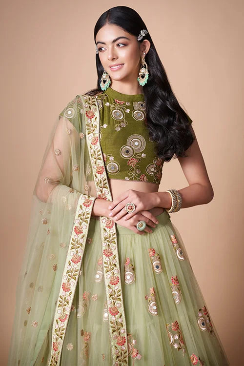 Pista Soft Net Thread  Sequins Embroidered With Mirror Work Lehenga Choli