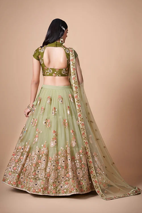 Pista Soft Net Thread  Sequins Embroidered With Mirror Work Lehenga Choli