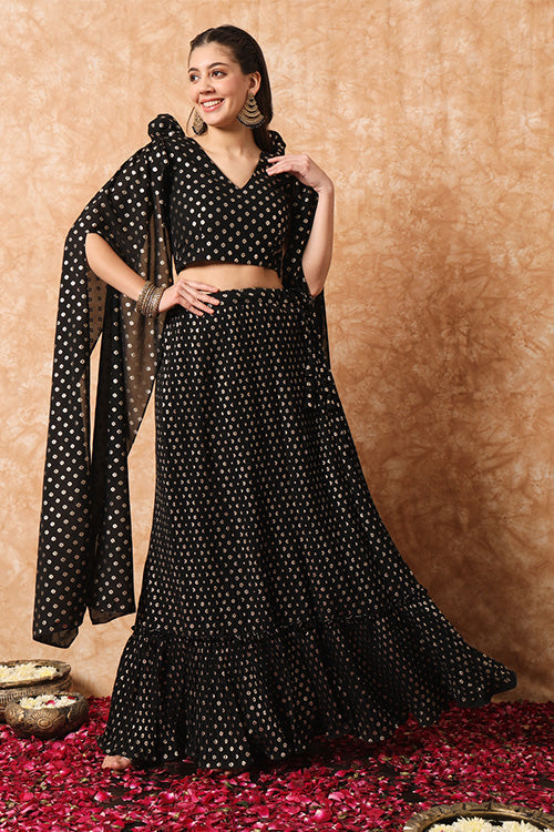 Plus Size Brown Color Metallic Foil Printed Ready to Wear Lehenga Choli