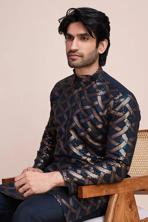 Navy Designer Silk Kurta With Thread Work
